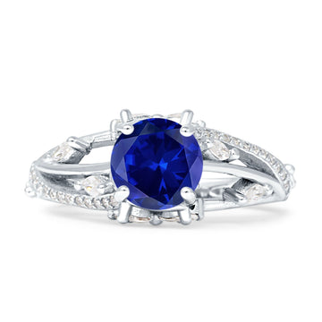 Round Engagement Ring Split Shank Blue Sapphire CZ 925 Sterling Silver Wholesale
